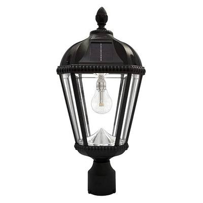 Gama Sonic Outdoor Solar Post Light, Black Aluminum, Royal Bulb, Rain Water Glass, Single Lamp with 3-inch Fitter for Lamp Posts Warm White LED, 98B012 (Upgraded Panel and Battery)
