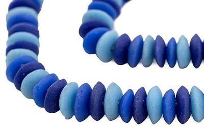 The Bead Chest Ashanti Fair Trade Glass Saucer Beads - African Tribal Ethnic Disk Rondelle Spacers (Blue Medley)