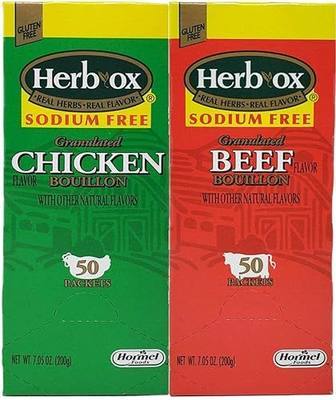 Herb-Ox Sodium Free Bouillon Bundle,`Beef and Chicken, 100 Total Packets