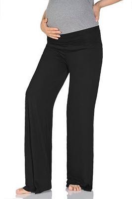 Women's Maternity Lounge Pants – High Waisted Wide Straight Leg Soft Yoga Pajama Pregnancy Heavy Rayon Spandex PMT-BT-1240 BLK 1XL