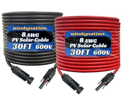WindyNation 8 AWG 8 Gauge Pair 30 Feet Black + 30 Feet Red PV Photovoltaic Solar Panel Extension Cable Wire Solar Connectors (Variety of Lengths Available)