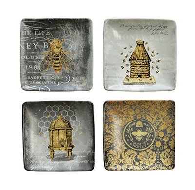 Creative Co-Op Square Stoneware Dishes with Bee Designs (Set of 4 Designs)