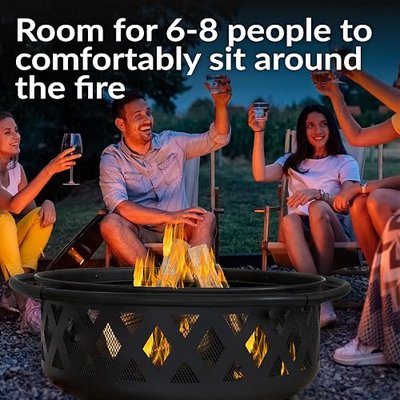 Sunnydaze Crossweave Outdoor Fire Pit - Wood-Burning Fire Pit for Outside with Spark Screen, Poker and Round Cover - Steel Patio Firepit for Backyard, Deck, Porch - 36-Inch - Black