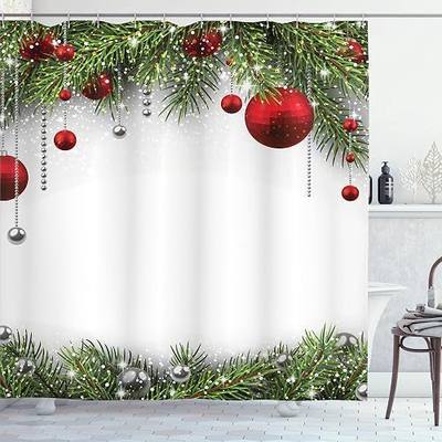 Ambesonne Christmas Shower Curtain, Holiday Season Backdrop with Pine Leaves Ball Classic Design Print, Cloth Fabric Bathroom Decor Set with Hooks, 69" W x 70" L, Green Silver White