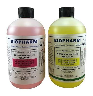 Biopharm pH 4.00 & 7.00 Calibration Buffer 2-Pack, 500 mL (1.06 pt) Each | NIST Traceable. Made in USA. COAs available. Values at 25C. Reference Standard Solutions Compatible with All pH Meters