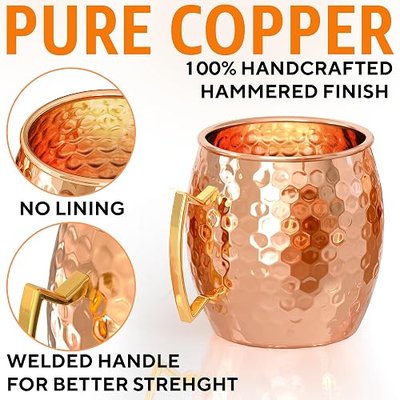Benicci Moscow Mule Copper Mugs - Set of 2, 100% HANDCRAFTED - Food Safe Pure Copper Solid Mugs - 16 oz Gift Set with Premium Quality Cocktail Straws, Straw Cleaning Brush and Jigger!
