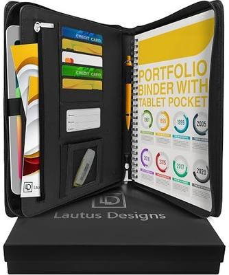 Black Zippered Leather Portfolio - High Capacity 2-Inch Spine - Fits Surface Go & iPad Pro/Air 11 Inch - Professional Resume Padfolio