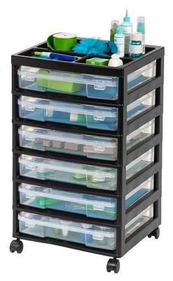 IRIS USA Rolling Cart with Drawers |Made in USA| 6-Tier Cases - Black/Clear | Fits 12"x12" Paper, Built-In Handles, Storage Unit with Supply Top for Craft, Art, Office Supplies, Pens & Pencils