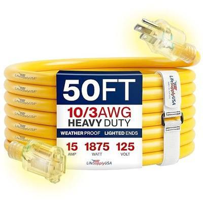 50ft Outdoor/Indoor Extension Cord 10/3 Gauge Ultra Heavy Duty 3 Prong SJTW, Waterproof, Flexible Cold-Resistant Long Power Cord,15A 125V 1875W, Yellow by LifeSupplyUSA