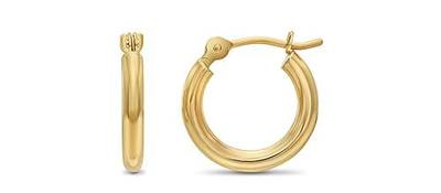 14k Yellow Gold Classic Shiny Polished Round Hoop Earrings, 2mm tube