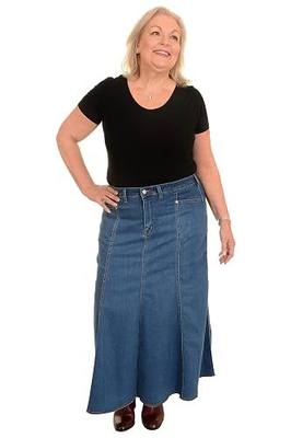 Ice Cool Ladies Long Flared Stonewash Stretch Denim Skirt - Sizes 4 to 26, in 30" & 35"