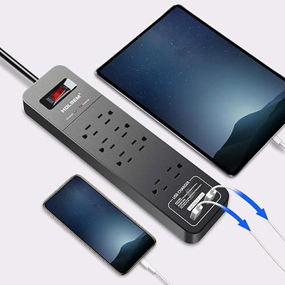 Power Strip Surge Protector 8 Outlets & 2 Smart USB Charging Ports (5V/2.4A), 6' Heavy Duty Extension Cord, USB Outlet for Home & Office Charging Station,Black