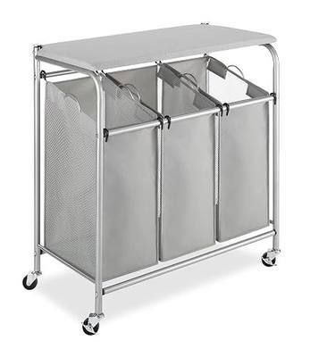 Whitmor 3 Section Rolling Laundry Sorter with Folding Station - Ironing Board, Chrome / Gray