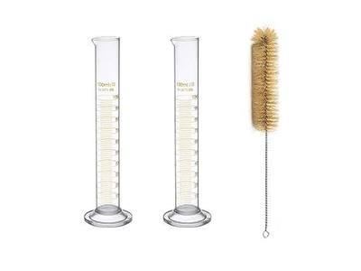 2 Pack 100 mL Glass Graduated Cylinder Measuring with Cleaning Brush | Single Metric Scale, Heavy-Duty Round Stems, Orange Graduations, Wide Rims, Tapered Pour Spouts, Dishwasher-Safe
