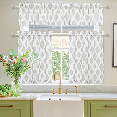 MYSKY HOME Semi-Sheer Kitchen Curtains Valance and Tiers Set Jacquard Rod Pocket Farmhouse Window Curtains Grey 36 inch Length 3 Piece Set