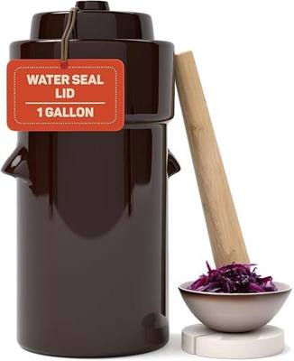 Fermentation Crock 1 Gallon - Sauerkraut Crock with Lid, Weights & Pounder - Ceramic Fermenting Crock Kit for Pickling Cabbage Kimchi Vegetables - 4 Liter Fermentation Jar - Stoneware Pickle Pot