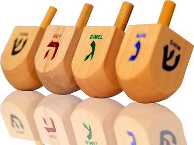 The Dreidel Company Let's Play Dreidel The Hanukkah Game 4 Natural Wooden Dreidels with Instructions for Chanukah, Instructions On Back of Blister Pack