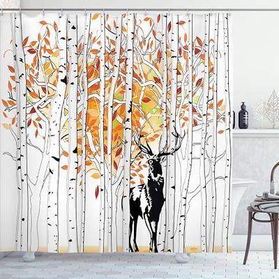 Ambesonne Deer Shower Curtain, Deer in Forest Autumn Colors Trees Foliage Wilderness Seasonal Art, Cloth Fabric Bathroom Decor Set with Hooks, 69" W x 70" L, Orange Green and White