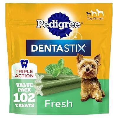 Pedigree Dentastix Small & Toy Breed Dog Dental Treats, Fresh, 102 Count | Triple action dental care, reduces tartar, cleans teeth, freshens breath, for dogs 7-22 lbs, no added sugar/fillers