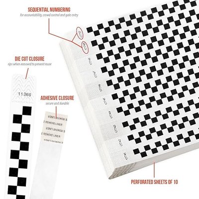 500 WristCo Black Checkered/Checks Tyvek Wristbands for Events - Comfortable Tear Resistant Paper Bracelets ID Wrist Bands for Concerts Festivals Admission Party Identification