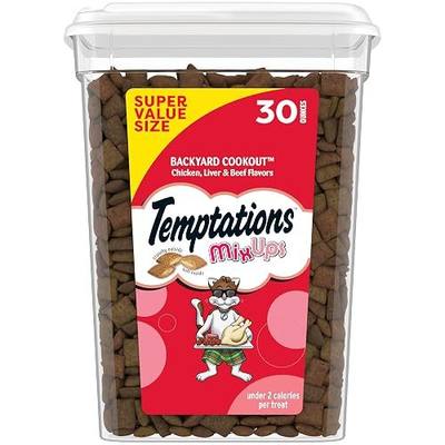 Temptations MixUps Crunchy and Soft Cat Treats, Cookout Flavor, 30 oz | Chicken, liver & beef flavors, under 2 calories per treat, 100% complete & balanced for adult cats, resealable stay-fresh tub