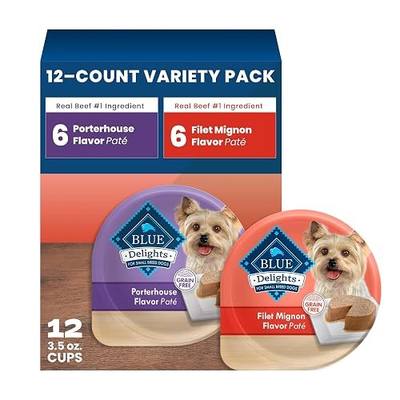 Blue Buffalo Delights Variety Pack Natural Grain Free Wet Dog Food for Small Breed Dogs (Filet Mignon Flavor Paté & Porterhouse Flavor Paté) with Natural Ingredients, 3.5-oz. Each (12 Cups)