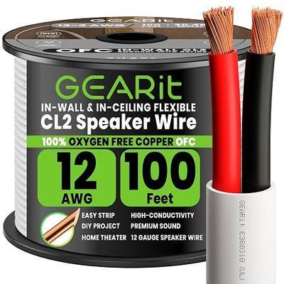GEARit 12 Gauge Speaker Wire OFC,UL CL2 Rated 12 Gauge Wire 100 ft,Copper Wire with Polarity Mark,Speaker Cable for in-Wall Home Theater,Home,Car Stereo,Commercial Audio Systems(White,2-Conductors)