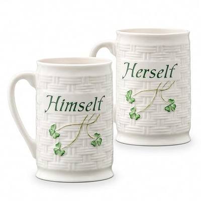 Belleek Classic Himself & Herself 12 oz Irish Coffee Mug Set, Handcrafted Parian China Cups, Shamrock Design, Set of 2, White