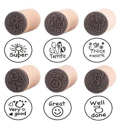 DECORA 6pcs Round Wood Rubber Stamp for School Teachers English Toy Stamp Au116s1p1us1