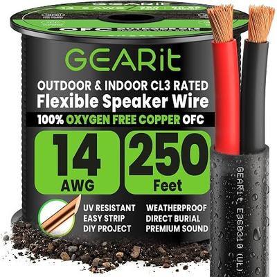 GEARit Outdoor Speaker Wire 14 Gauge OFC,UL CL3 in Wall Speaker Cable 250FT | 14 Gauge Speaker Wire with Foot Markers,Polarity Marked,14 AWG Copper Wires for Car,Garden,Commercial(OFC,Black,2 Conductors)
