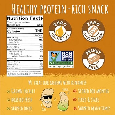 Sunshine Nut Co. Roasted Cashews, Sprinkling of Salt, Pack of 2, 7 oz Each | Lightly Salted, Gluten Free, Peanut Free, Vegan, GMO Free, Snack Packs for Kids and Adults, For Lunchboxes and on the Go