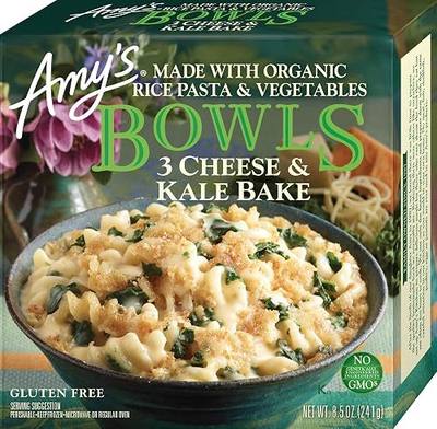 Amy's Frozen Meals, Three Cheese Kale Bake Bowl, Made With Organic Rice Pasta and Vegetables, Microwave Meals, 8.5 Oz