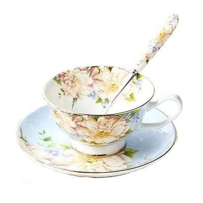 Gift Set Vintage Fine Bone China Tea cup Spoon and Saucer Set Gold Trim Fine Dining and Table Décor (Blue rose)