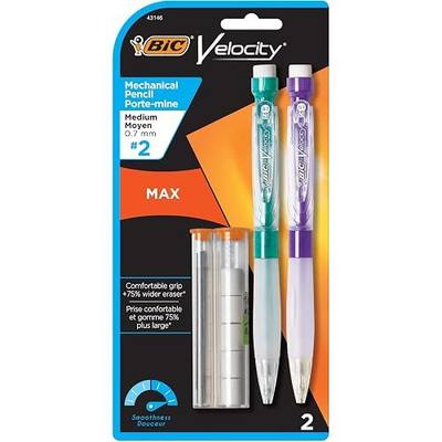 BIC Velocity Max Mechanical Pencils, With Colorful Barrel, Medium Point (0.7mm), 2-Count Pack Mechanical Pencils With Erasers and Lead Refills