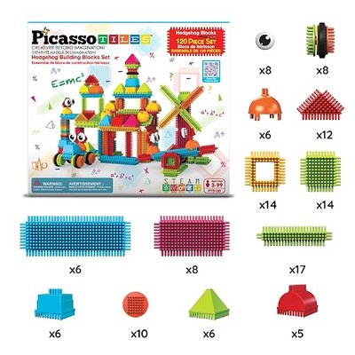 PicassoTiles 120pcs Hedgehog Interlocking Building Blocks Tiles Construction Toy Set Learning Playset STEAM Development Preschool Kindergarten Toy for Kids Age3+ PTB120 | Soft rubbery texture, easy-connect forms, BPA-free & lead-safe material, 20+ 3D designs, hand-eye coordination & sorting play