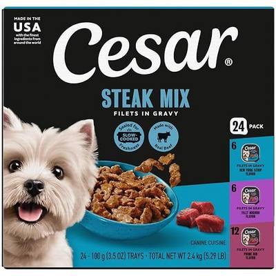 Cesar Filets in Gravy Wet Dog Food, Steak Mix Variety, 3.5 oz, 24 Count | Filet Mignon, New York Strip & Prime Rib, real meat, slow-cooked, no fillers/added sugar/artificial flavors, easy peel trays