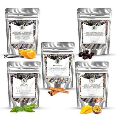 Nelson's Tea Our Favorites Sampler Five Blend Loose Leaf Tea, Sample Sizes | Five Blends • Portrait of Earl Grey • English Breakfast • Chai Latte • Dark Chocoloate Cherry • Mango Passionfruit
