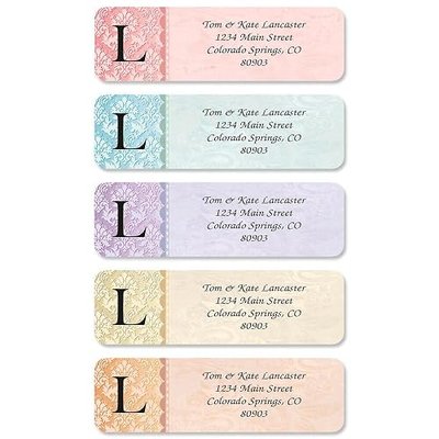 Scalloped Border Initial Rolled Personalized Return Address Mailing Labels with Dispenser, Set of 250, 5 Designs, Small ¾ x 2½ Inch Size, Custom Self-Adhesive Sticker Roll, by Colorful Images