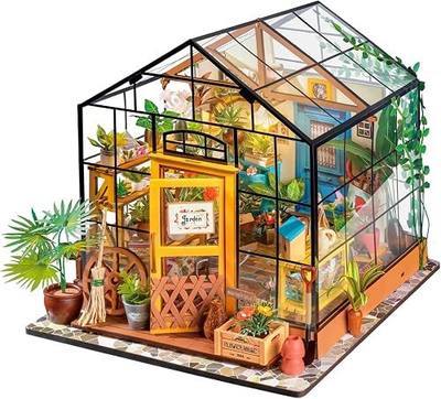 ROBOTIME DIY Miniature House Kit Mini Green House Tiny Dollhouse Wooden Furniture Kit with LED Halloween/Christmas/Birthday Gifts for Adults (Cathy's Greenhouse)