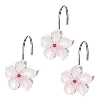 Creative Scents Vanda Shower Curtain Hooks Decorative | Set of 12 | White and Pink Shower Curtain Rings