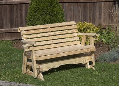 Amish Heavy Duty 800 Lb Roll Back Pressure Treated Porch Patio Garden Lawn Outdoor Glider with Cup Holders-5 Feet-Grey-Made in USA