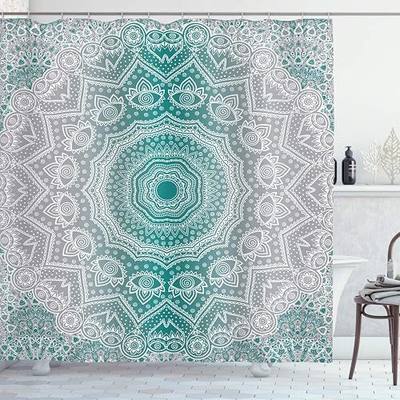 Ambesonne Grey and Teal Shower Curtain, Mandala Ombre Colored Style Geometry Pattern with Flower Lines Display Art, Cloth Fabric Bathroom Decor Set with Hooks, 69" W x 70" L, Teal and Grey