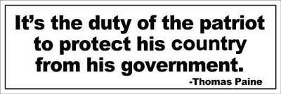 Thomas Paine Quote: Duty of The Patriot Bumper Sticker (Patriotic Decal)