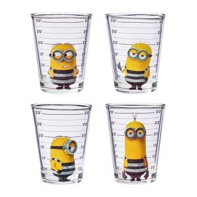 Silver Buffalo Minions Despicable Me Mug Shot Featuring Bob, Stuart, Tim, and Dave 4 Pack Mini Glass Set, 1.5 Ounces