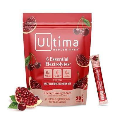 Ultima Replenisher Cherry Pomegranate Electrolyte Packets, 20 Stickpacks | Daily Zero Sugar Powder Hydration Packets with 6 Key Electrolytes & Minerals - Sugar Free, Plant Based & Keto Friendly