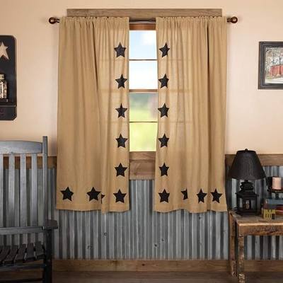 VHC Brands Burlap Natural with Black Stars Primitive 63"x36" Panel Pair Tan Rod Pocket Stenciled Cotton Tie Back(s) Window Curtains