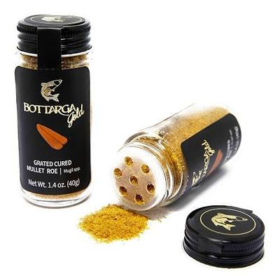 Bottarga Gold - (Grated Wild Caught Dried Mullet Roe) Glass Shaker 1.4 Oz 40 gm