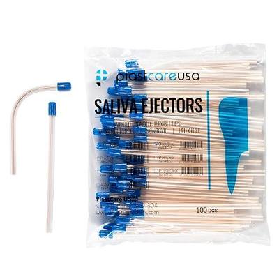 100 Dental Saliva Ejectors Disposable - Medical Grade Latex Free Evacuation Suction Tips - Flexible Clear Tube with Blue Tip (100 Pack) by PlastCare USA