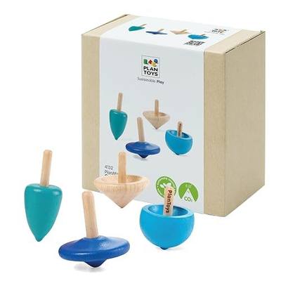 PlanToys® Mini Wooden Spinning Tops Set, 4 Montessori Toys for Toddlers | 4 colorful spinning tops, montessori sensory fidget, travel toys, focus coordination, fine motor development, toddlers kids g