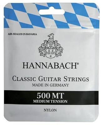 Hannabach 500MT Saiten für Klassikgitarre Satz Medium Tension, Diskantsaiten: Nylon, Bass: Nylonkern mit versilbertem Kupferdraht umsponnen